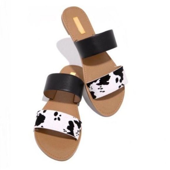 Shoes - Cow Print Double Band Slides